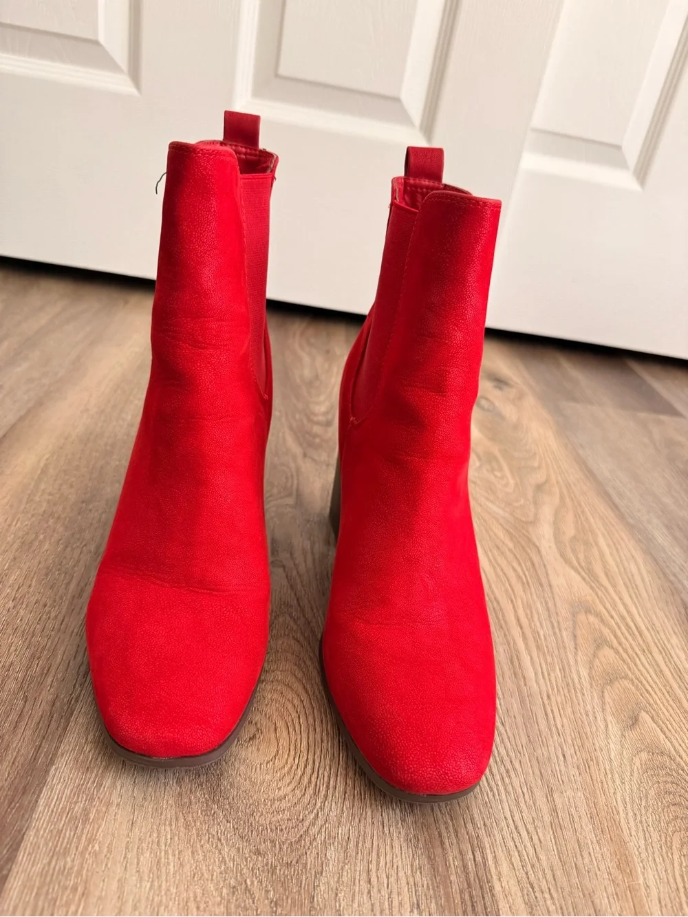 Journee Collection Red Suede-Look Block Heel Ankle Boots
